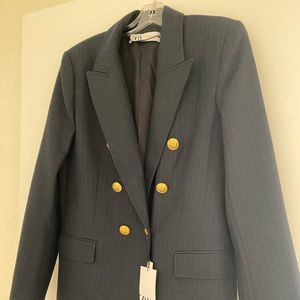 Zara Double-breasted Blazer with Gold Buttons Navy Pinstripe